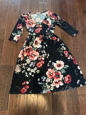 Reb & J. Floral Wrap-Style Black Dress with Red & Pink Blooms